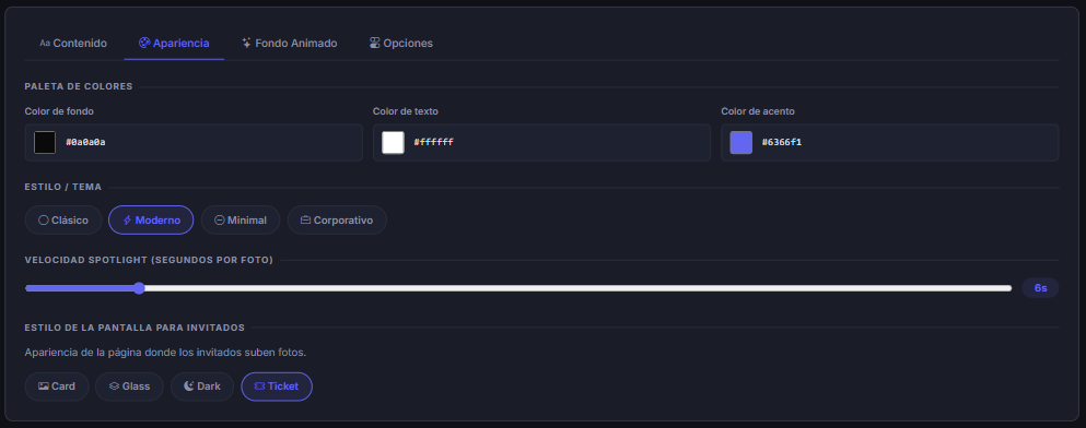 Apariencia: colores, estilos y duración